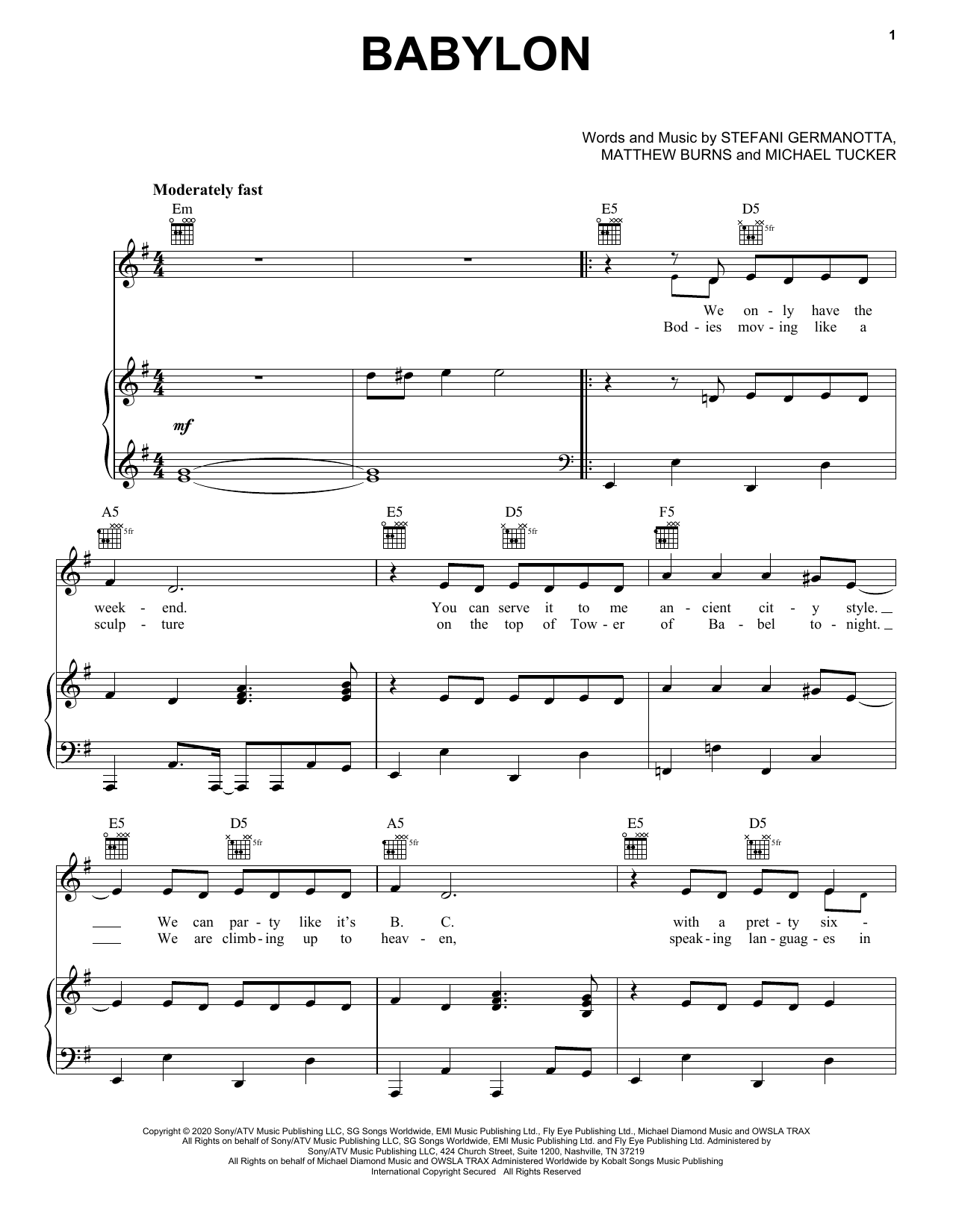 Lady Gaga Babylon sheet music notes and chords arranged for Piano, Vocal & Guitar Chords (Right-Hand Melody)