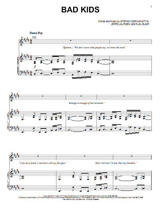 Lady Gaga Bad Kids sheet music notes and chords arranged for Piano, Vocal & Guitar Chords (Right-Hand Melody)