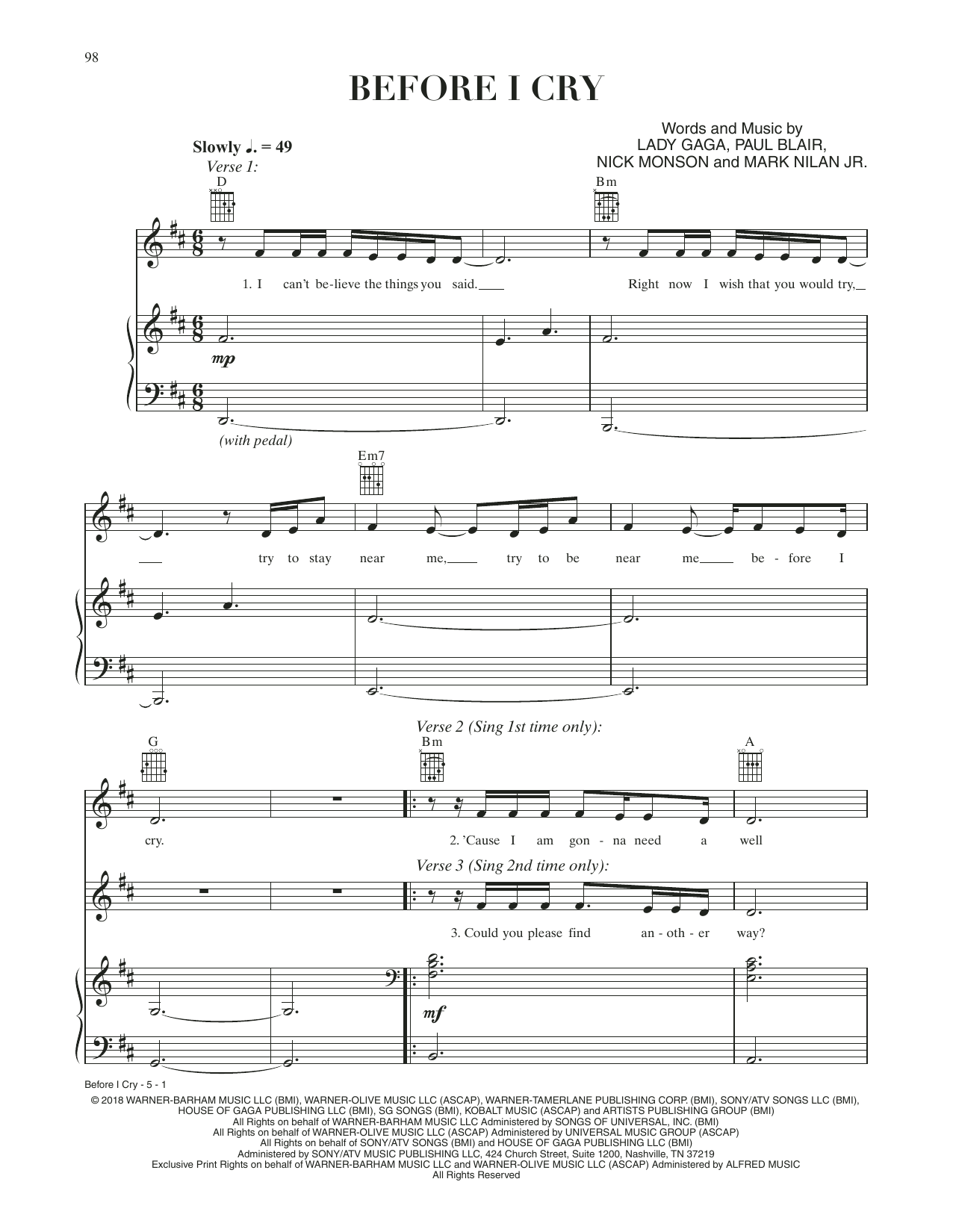 Lady Gaga Before I Cry (from A Star Is Born) sheet music notes and chords arranged for Piano, Vocal & Guitar Chords (Right-Hand Melody)