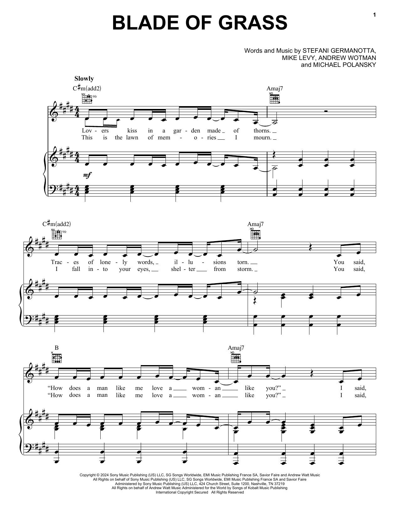 Lady Gaga Blade Of Grass sheet music notes and chords arranged for Piano, Vocal & Guitar Chords (Right-Hand Melody)