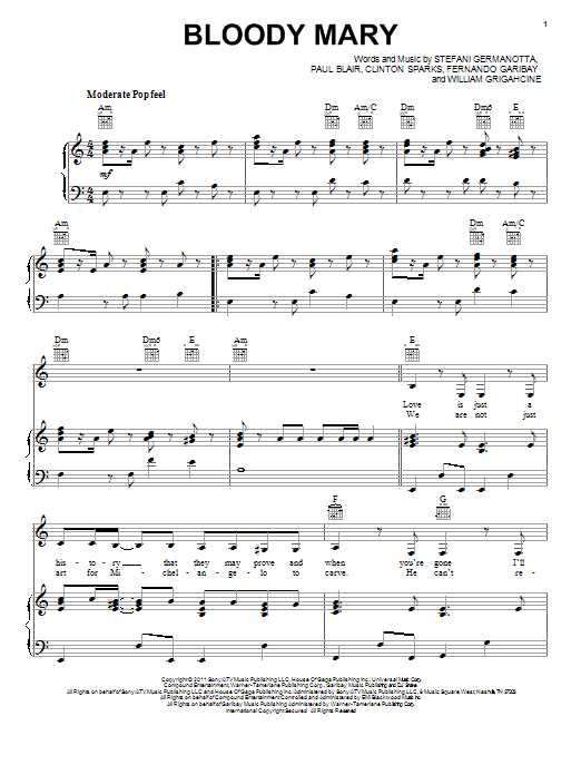 Lady Gaga Bloody Mary sheet music notes and chords arranged for Piano, Vocal & Guitar Chords (Right-Hand Melody)