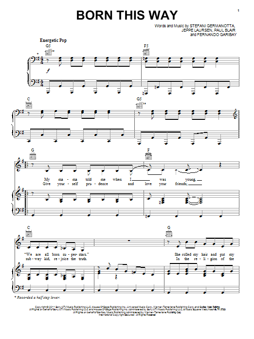 Lady Gaga Born This Way sheet music notes and chords arranged for Super Easy Piano