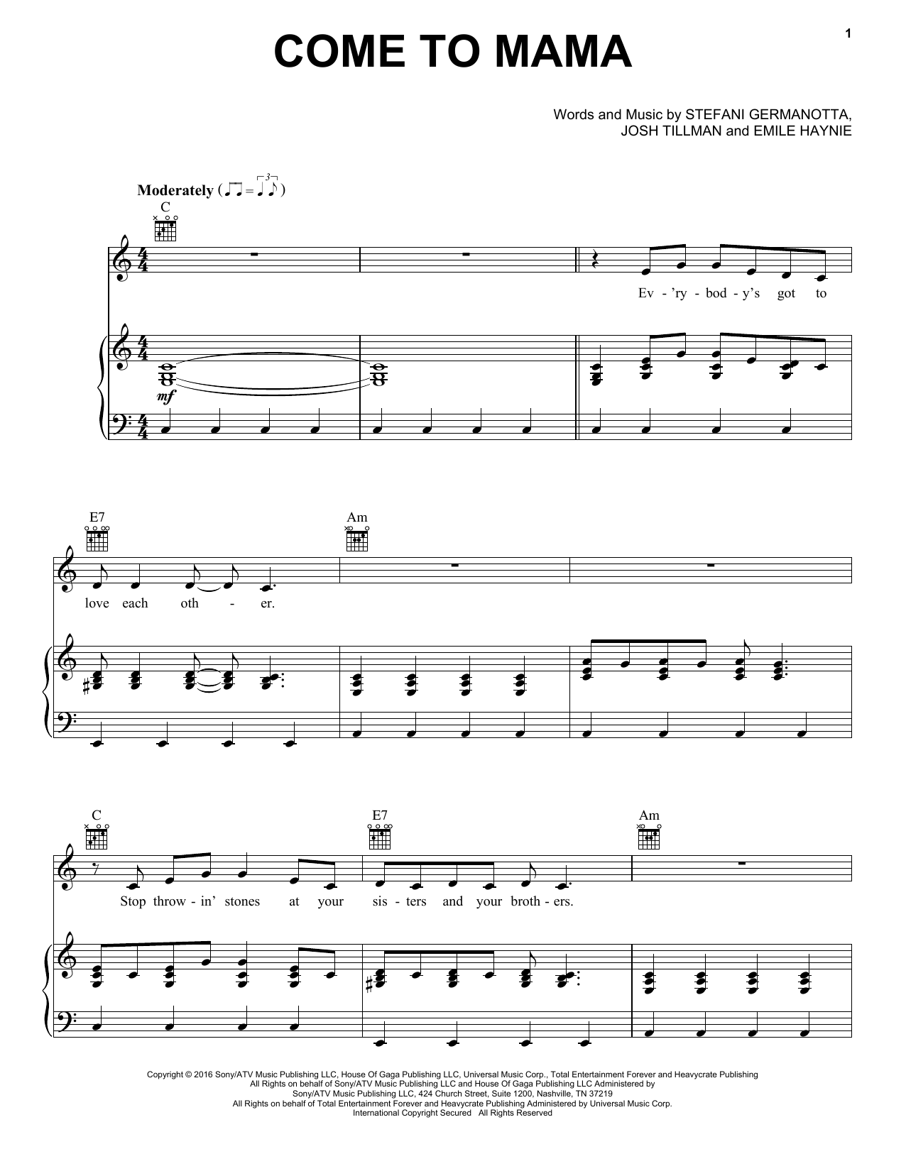 Lady Gaga Come To Mama sheet music notes and chords arranged for Piano, Vocal & Guitar Chords (Right-Hand Melody)