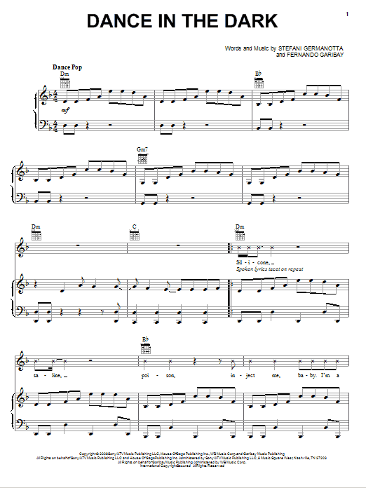 Lady Gaga Dance In The Dark sheet music notes and chords arranged for Piano, Vocal & Guitar Chords (Right-Hand Melody)
