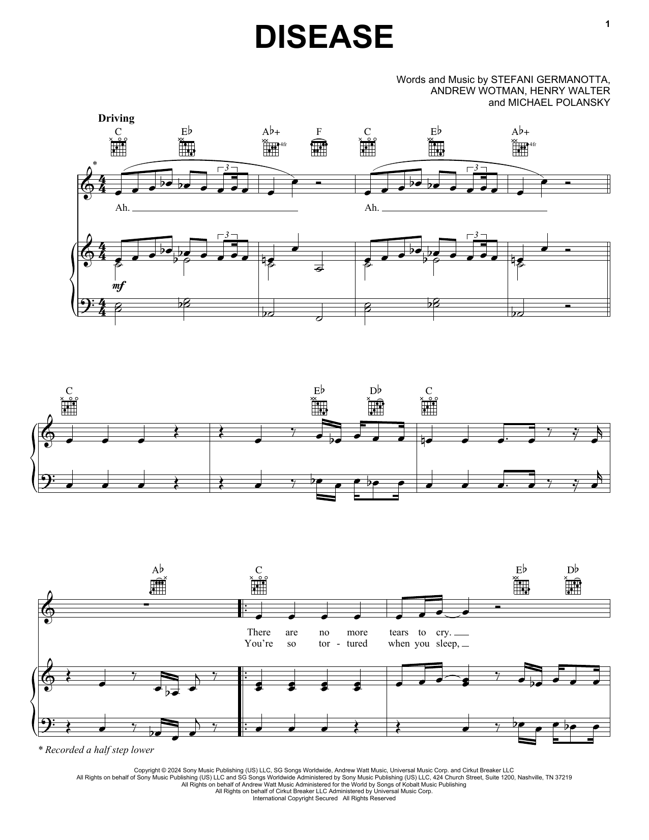 Lady Gaga Disease sheet music notes and chords arranged for Easy Piano