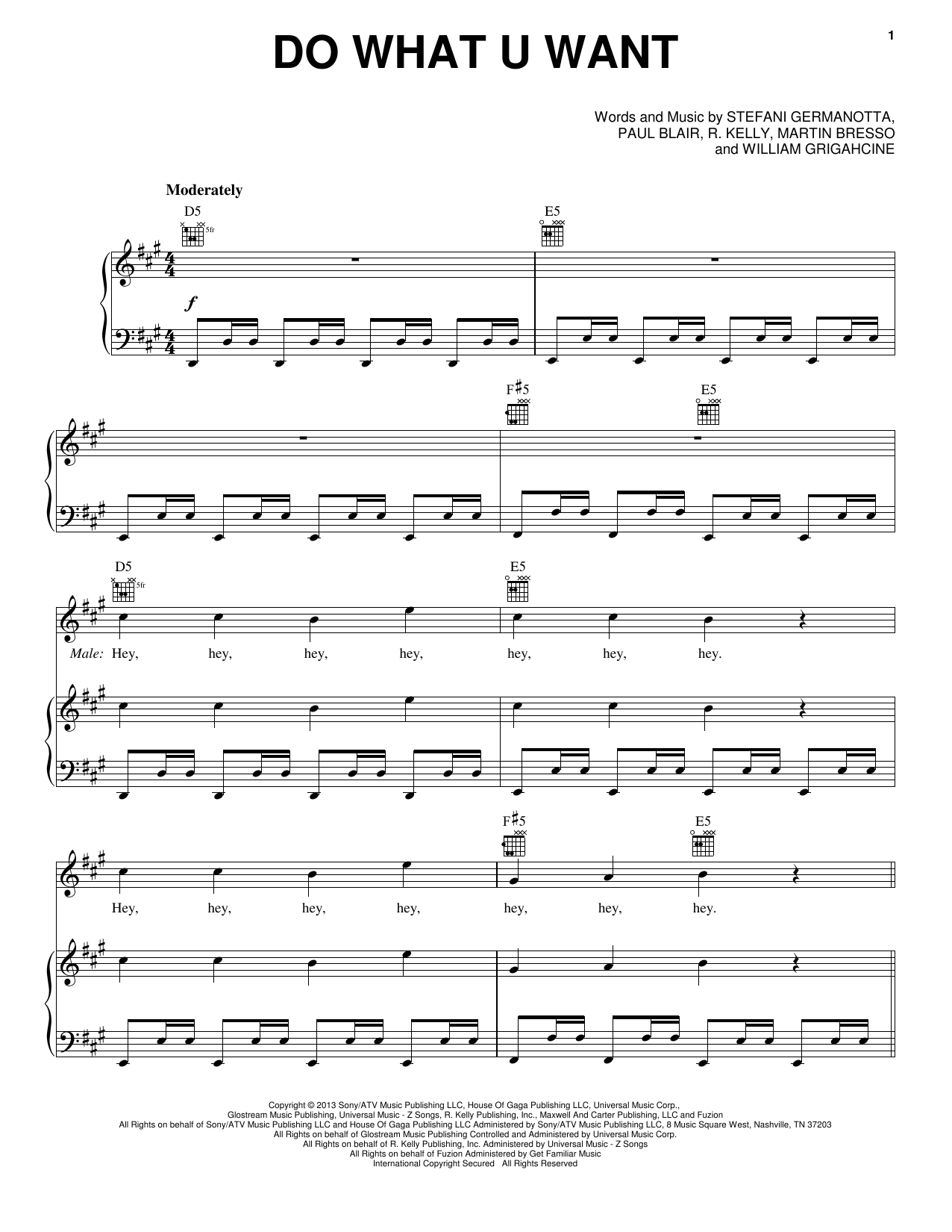 Lady Gaga Do What U Want sheet music notes and chords arranged for Piano, Vocal & Guitar Chords (Right-Hand Melody)