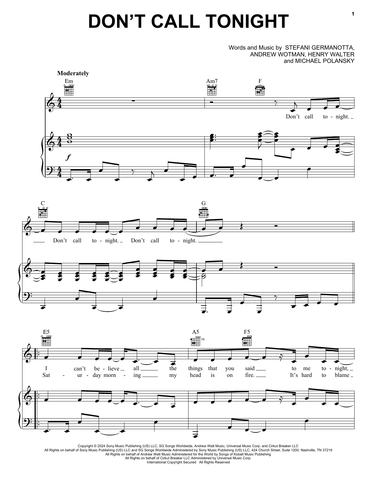 Lady Gaga Don't Call Tonight sheet music notes and chords arranged for Piano, Vocal & Guitar Chords (Right-Hand Melody)