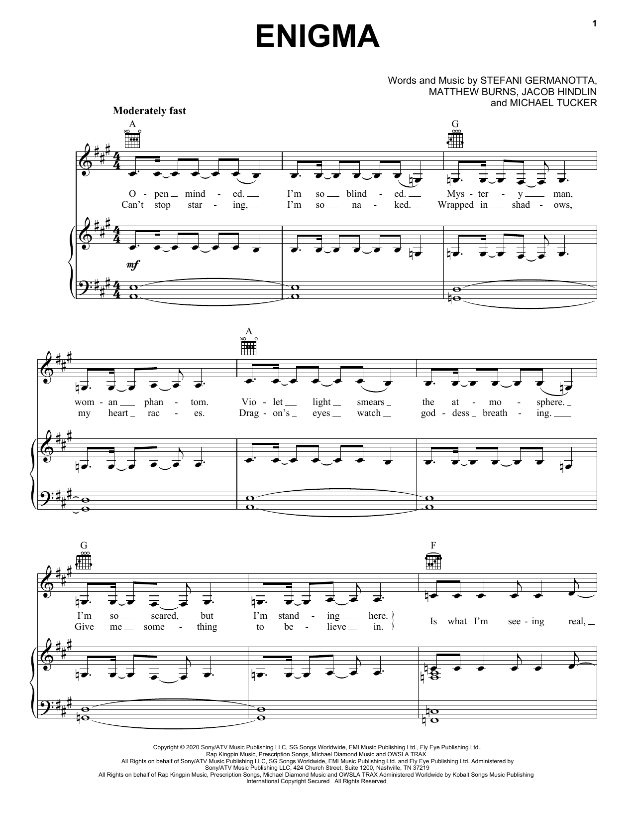 Lady Gaga Enigma sheet music notes and chords arranged for Piano, Vocal & Guitar Chords (Right-Hand Melody)