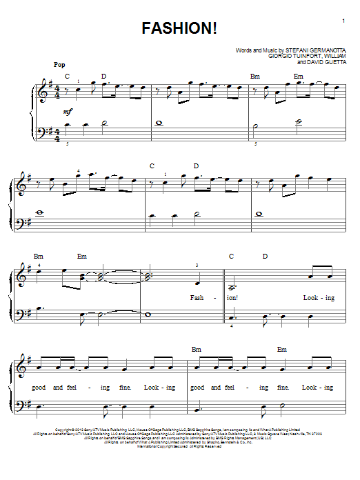 Lady Gaga Fashion! sheet music notes and chords arranged for Easy Piano