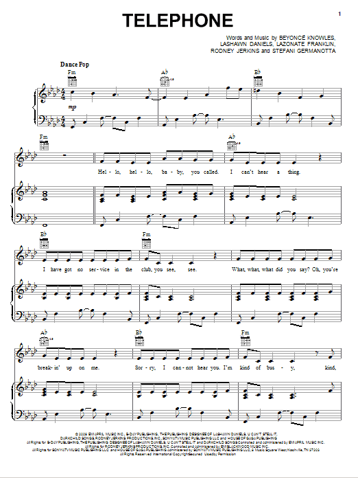 Lady Gaga featuring Beyonce Telephone sheet music notes and chords arranged for Pro Vocal
