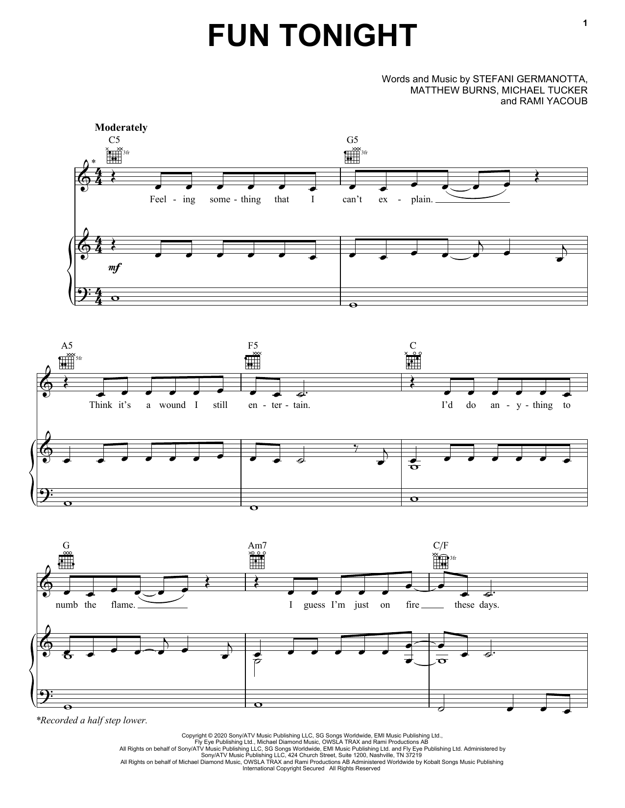 Lady Gaga Fun Tonight sheet music notes and chords arranged for Piano, Vocal & Guitar Chords (Right-Hand Melody)