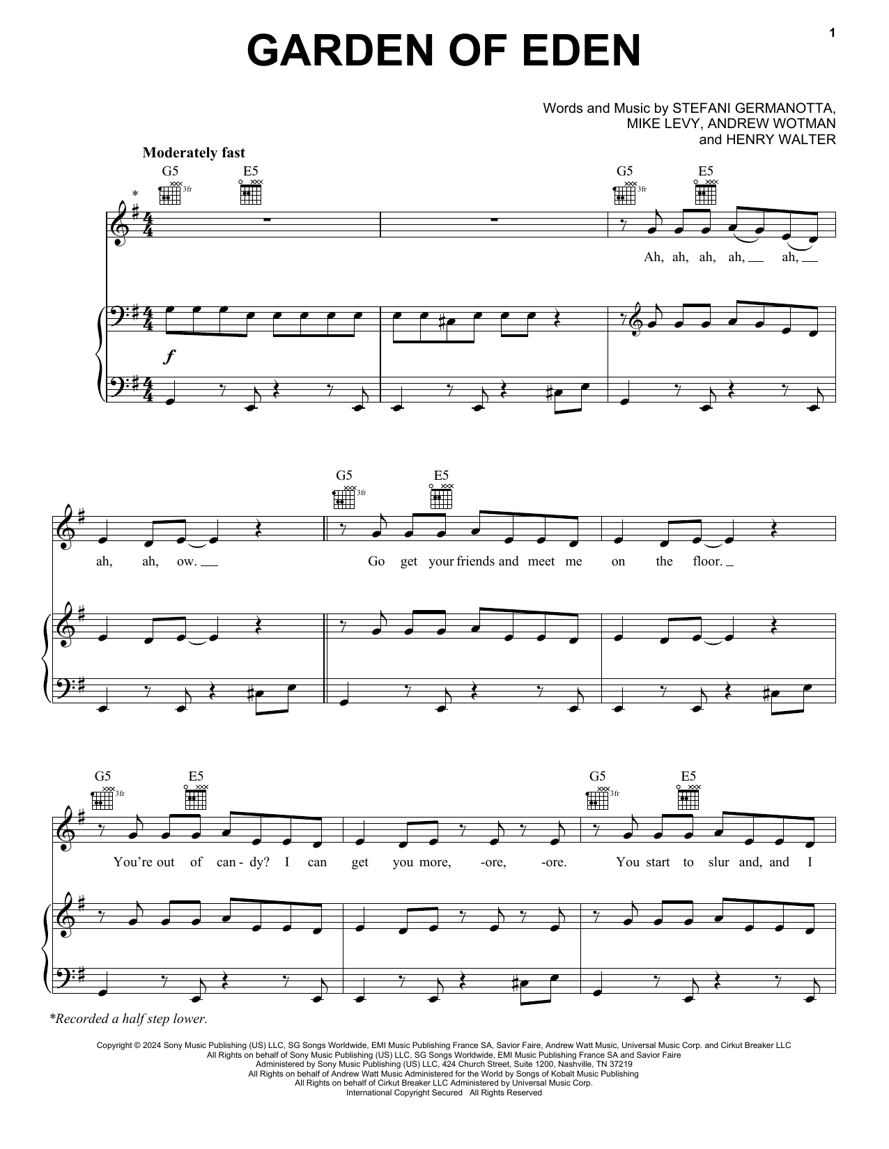 Lady Gaga Garden Of Eden sheet music notes and chords arranged for Piano, Vocal & Guitar Chords (Right-Hand Melody)