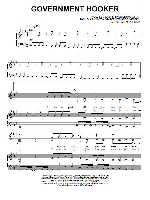 Lady Gaga Government Hooker sheet music notes and chords arranged for Piano, Vocal & Guitar Chords (Right-Hand Melody)