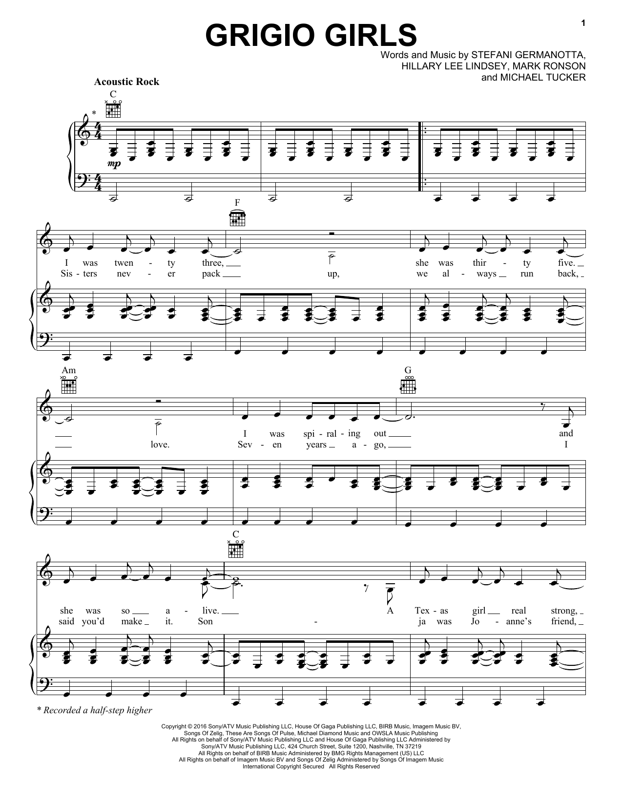 Lady Gaga Grigio Girls sheet music notes and chords arranged for Piano, Vocal & Guitar Chords (Right-Hand Melody)