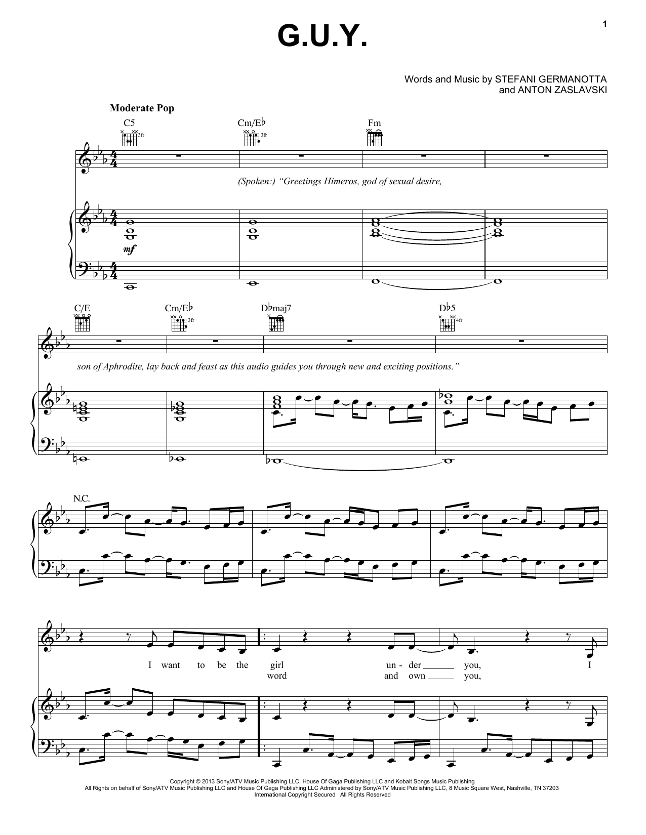 Lady Gaga G.U.Y. sheet music notes and chords arranged for Piano, Vocal & Guitar Chords (Right-Hand Melody)