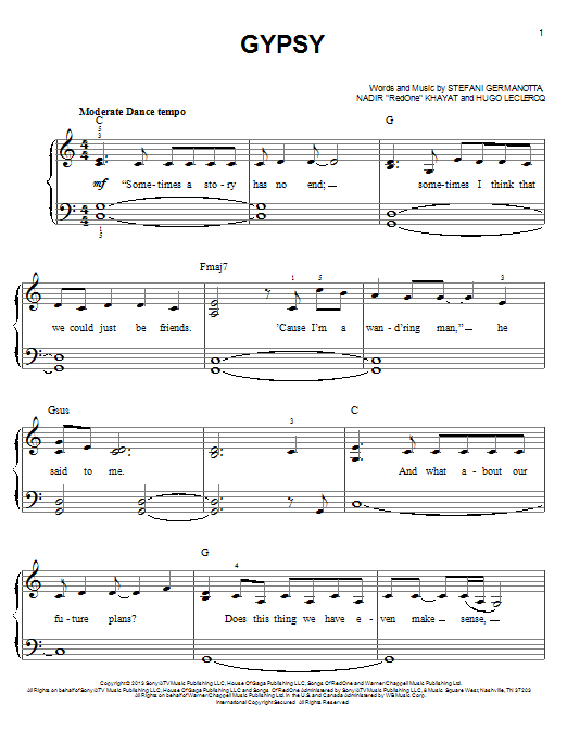 Lady Gaga Gypsy sheet music notes and chords arranged for Piano, Vocal & Guitar Chords (Right-Hand Melody)