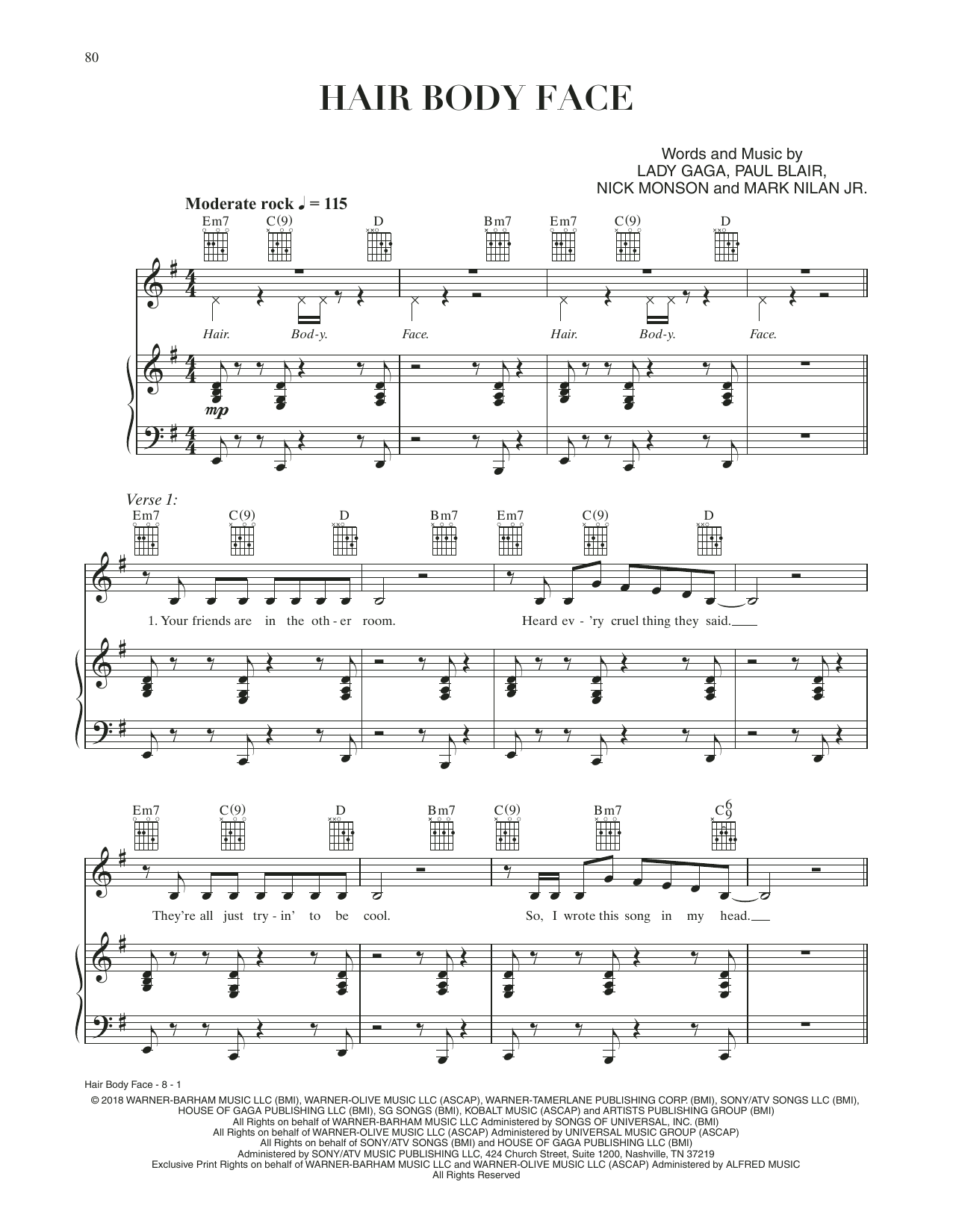 Lady Gaga Hair Body Face (from A Star Is Born) sheet music notes and chords arranged for Piano, Vocal & Guitar Chords (Right-Hand Melody)
