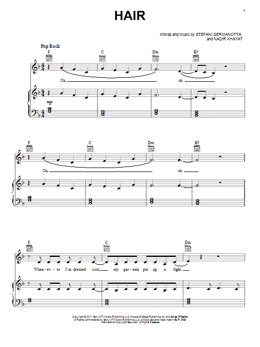 Lady Gaga Hair sheet music notes and chords arranged for Piano, Vocal & Guitar Chords (Right-Hand Melody)