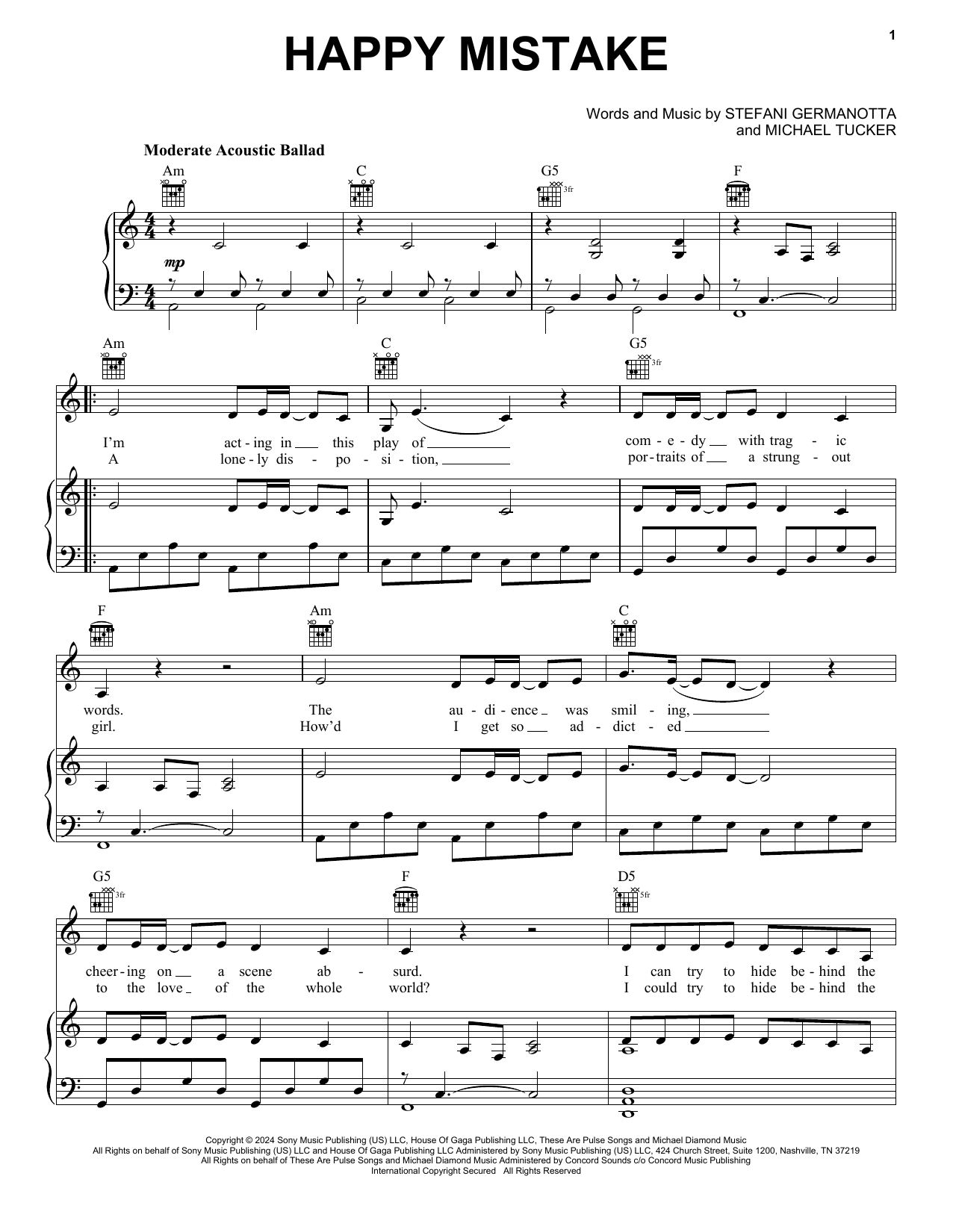 Lady Gaga Happy Mistake sheet music notes and chords arranged for Really Easy Guitar