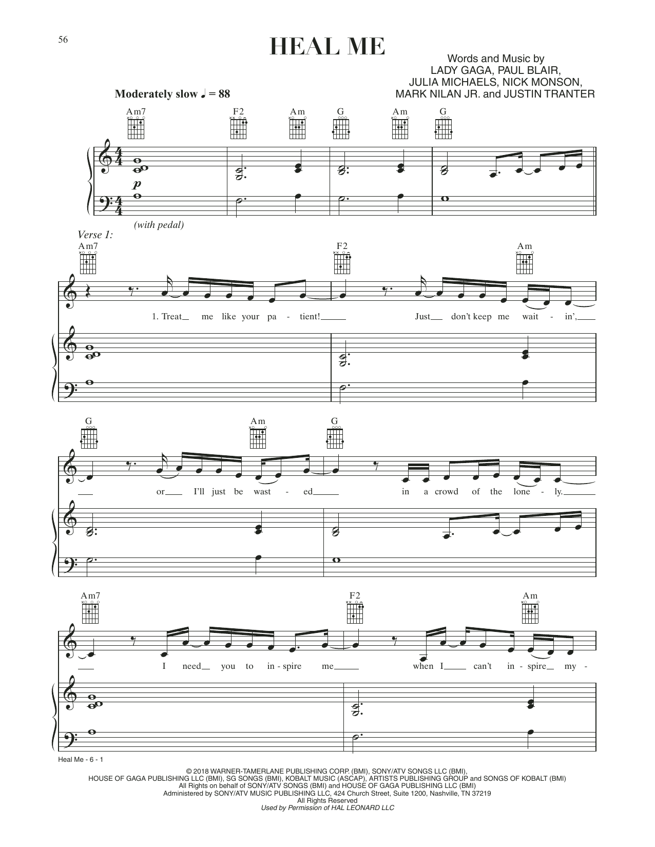 Lady Gaga Heal Me (from A Star Is Born) sheet music notes and chords arranged for Piano, Vocal & Guitar Chords (Right-Hand Melody)
