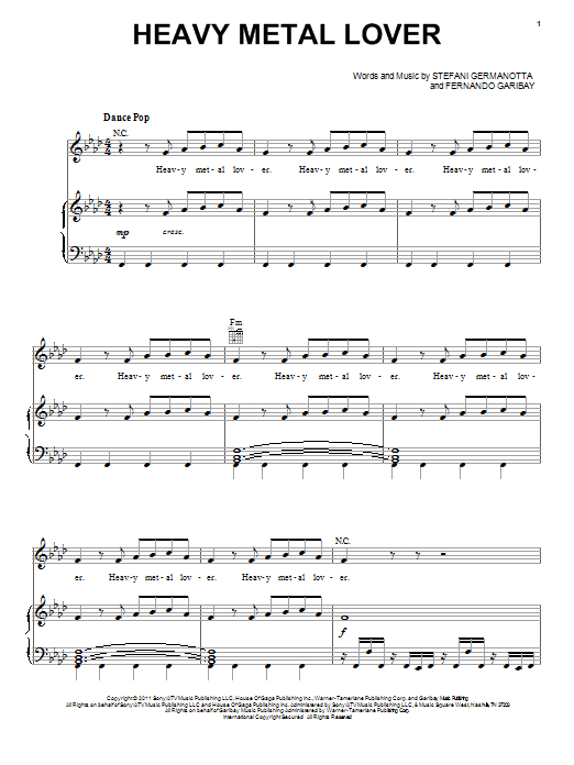 Lady Gaga Heavy Metal Lover sheet music notes and chords arranged for Piano, Vocal & Guitar Chords (Right-Hand Melody)