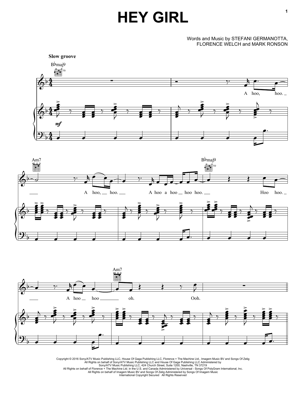 Lady Gaga Hey Girl sheet music notes and chords arranged for Piano, Vocal & Guitar Chords (Right-Hand Melody)