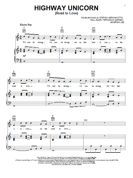 Lady Gaga Highway Unicorn (Road To Love) sheet music notes and chords arranged for Piano, Vocal & Guitar Chords (Right-Hand Melody)