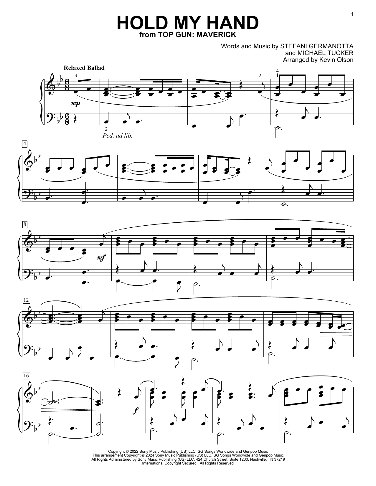 Lady Gaga Hold My Hand (from Top Gun: Maverick) (arr. Kevin Olson) sheet music notes and chords arranged for Easy Piano Solo