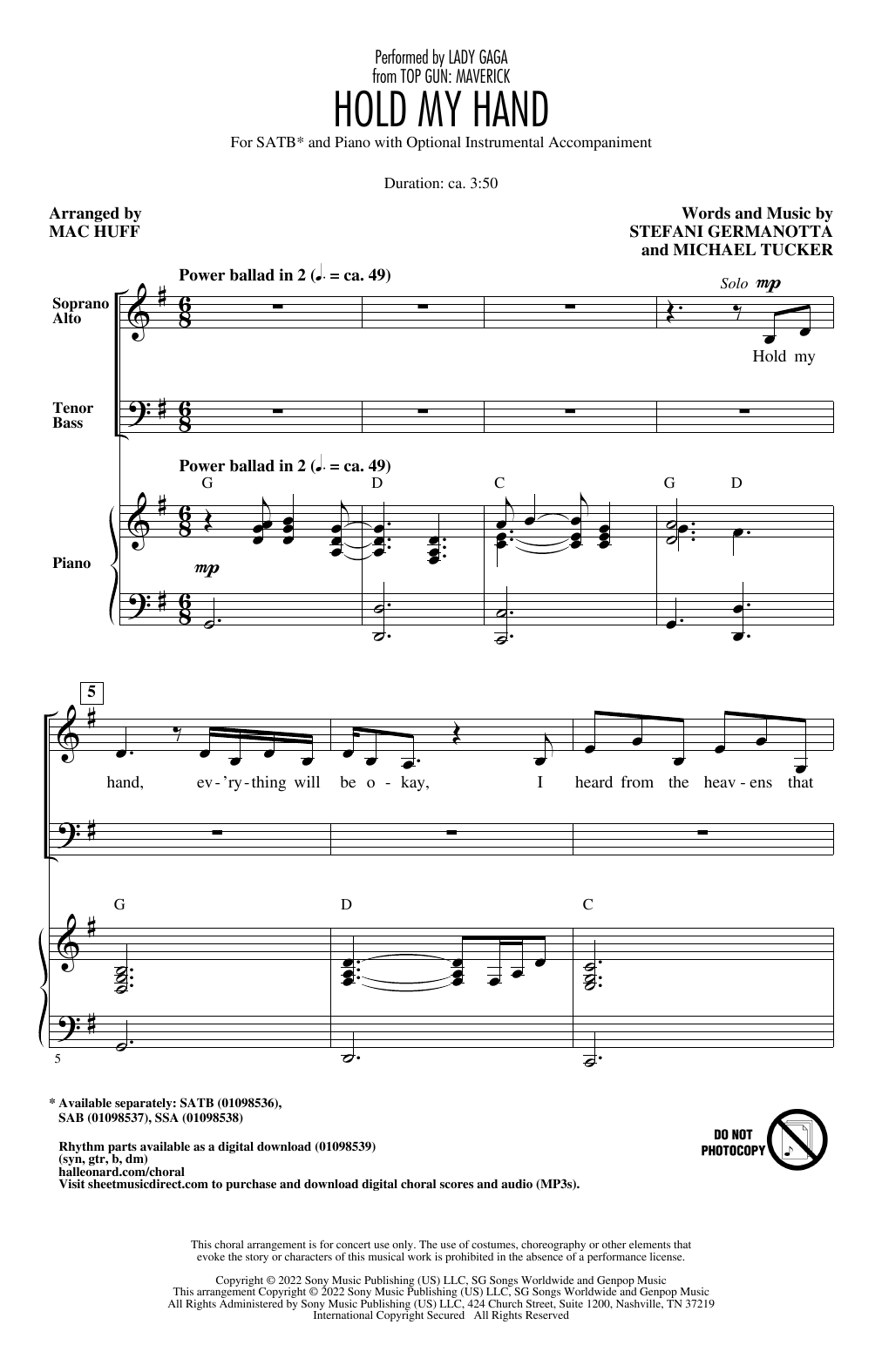 Lady Gaga Hold My Hand (from Top Gun: Maverick) (arr. Mac Huff) sheet music notes and chords arranged for SAB Choir