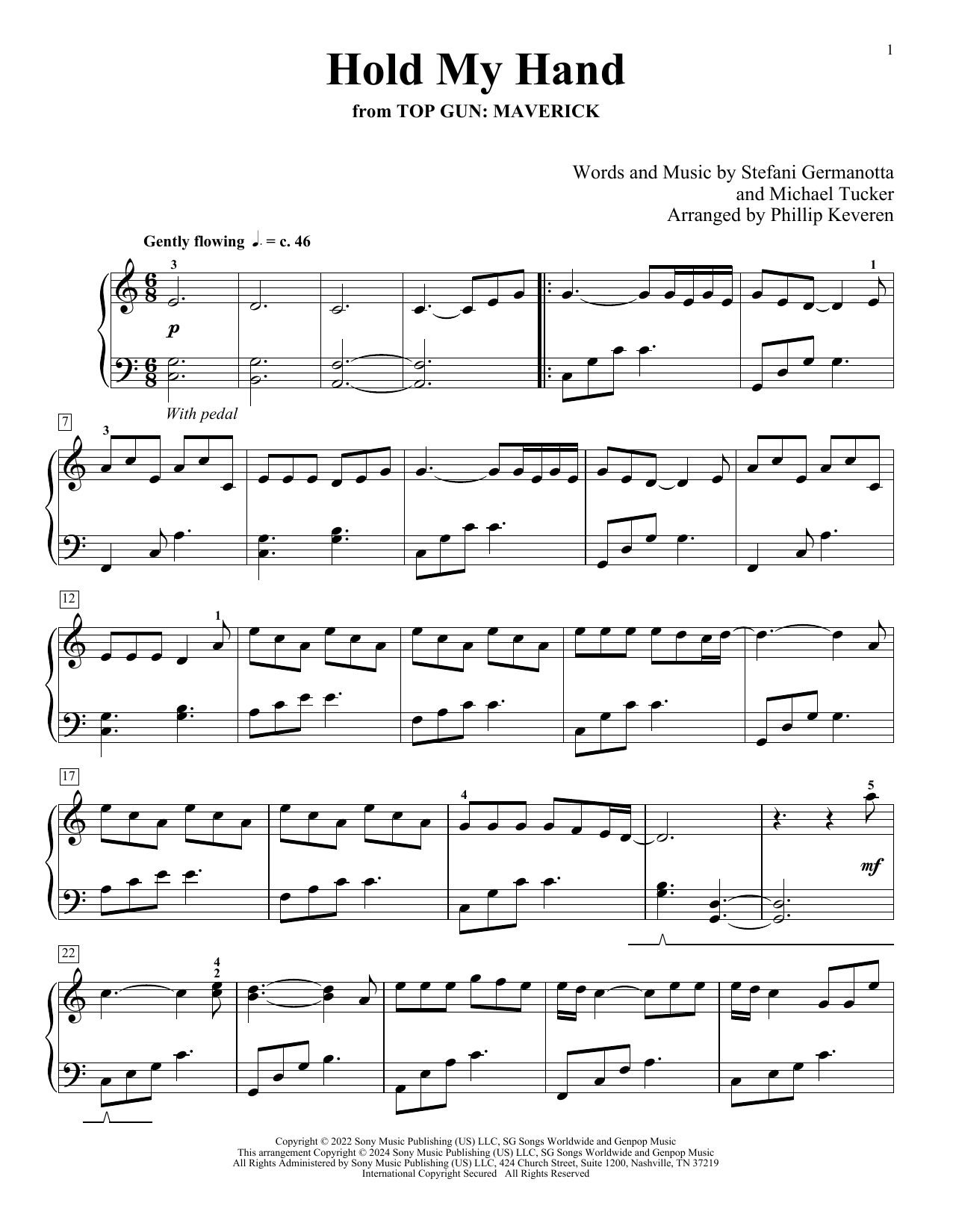 Lady Gaga Hold My Hand (from Top Gun: Maverick) (arr. Phillip Keveren) sheet music notes and chords arranged for Piano Solo