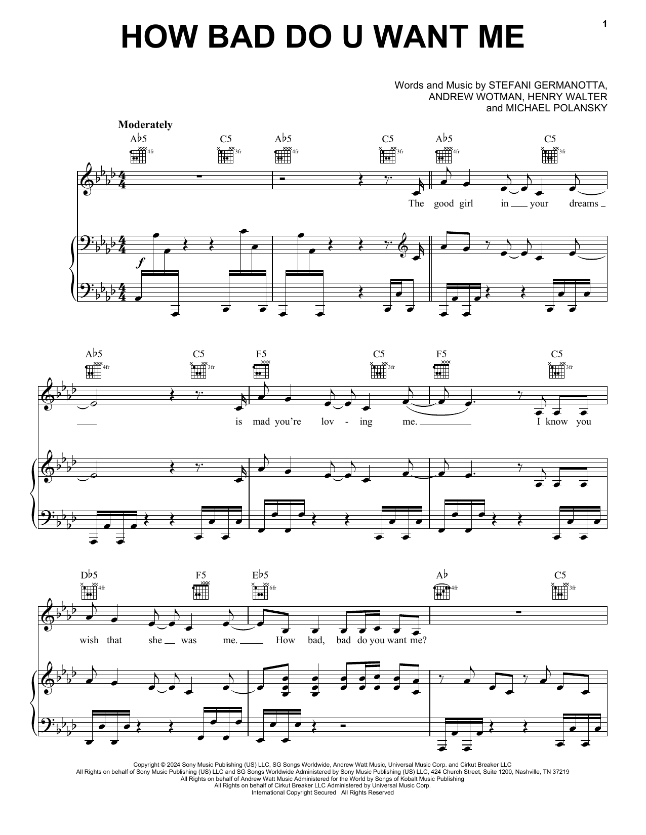 Lady Gaga How Bad Do U Want Me sheet music notes and chords arranged for Piano, Vocal & Guitar Chords (Right-Hand Melody)
