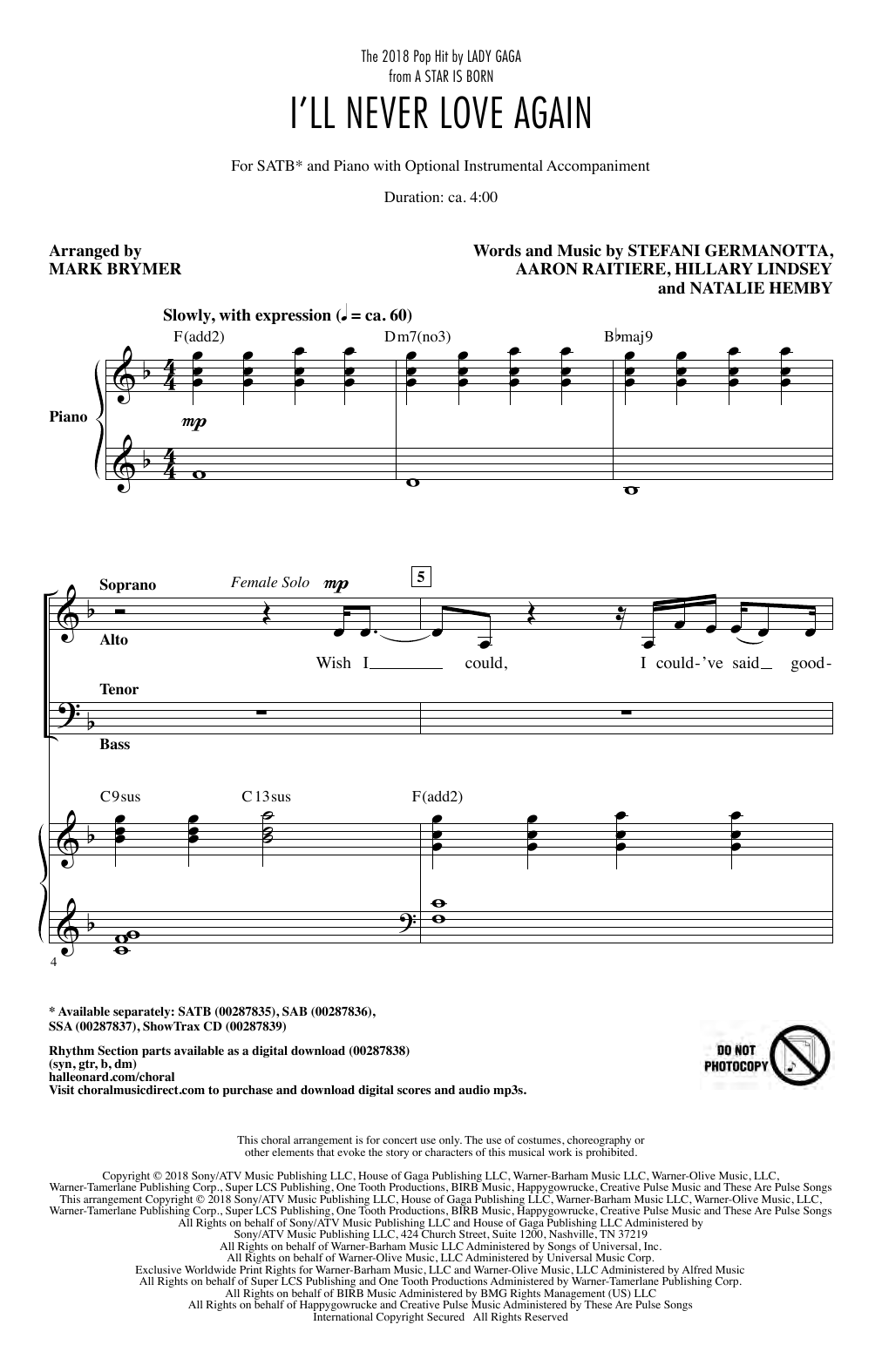 Lady Gaga I'll Never Love Again (from A Star Is Born) (arr. Mark Brymer) sheet music notes and chords arranged for SSA Choir