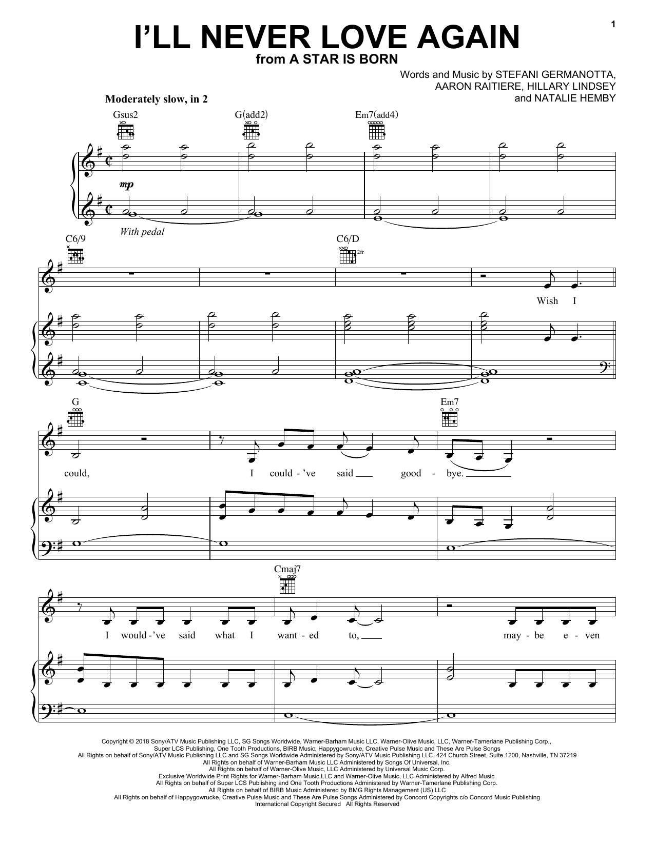 Lady Gaga I'll Never Love Again (from A Star Is Born) sheet music notes and chords arranged for Ukulele