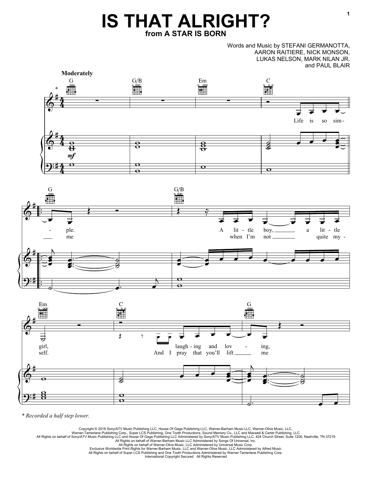 Lady Gaga Is That Alright? (from A Star Is Born) sheet music notes and chords arranged for Easy Guitar Tab
