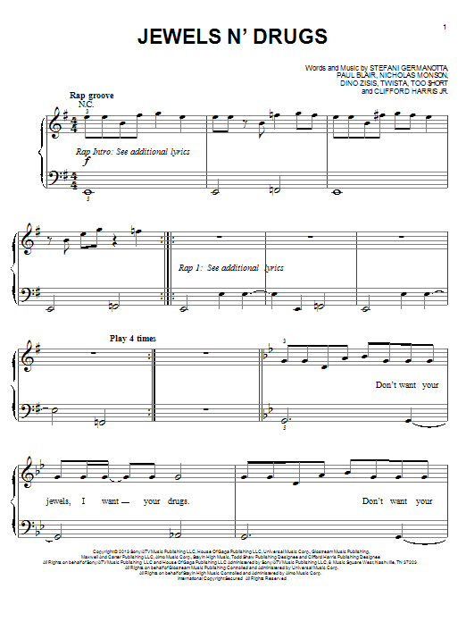 Lady Gaga Jewels N' Drugs sheet music notes and chords arranged for Easy Piano