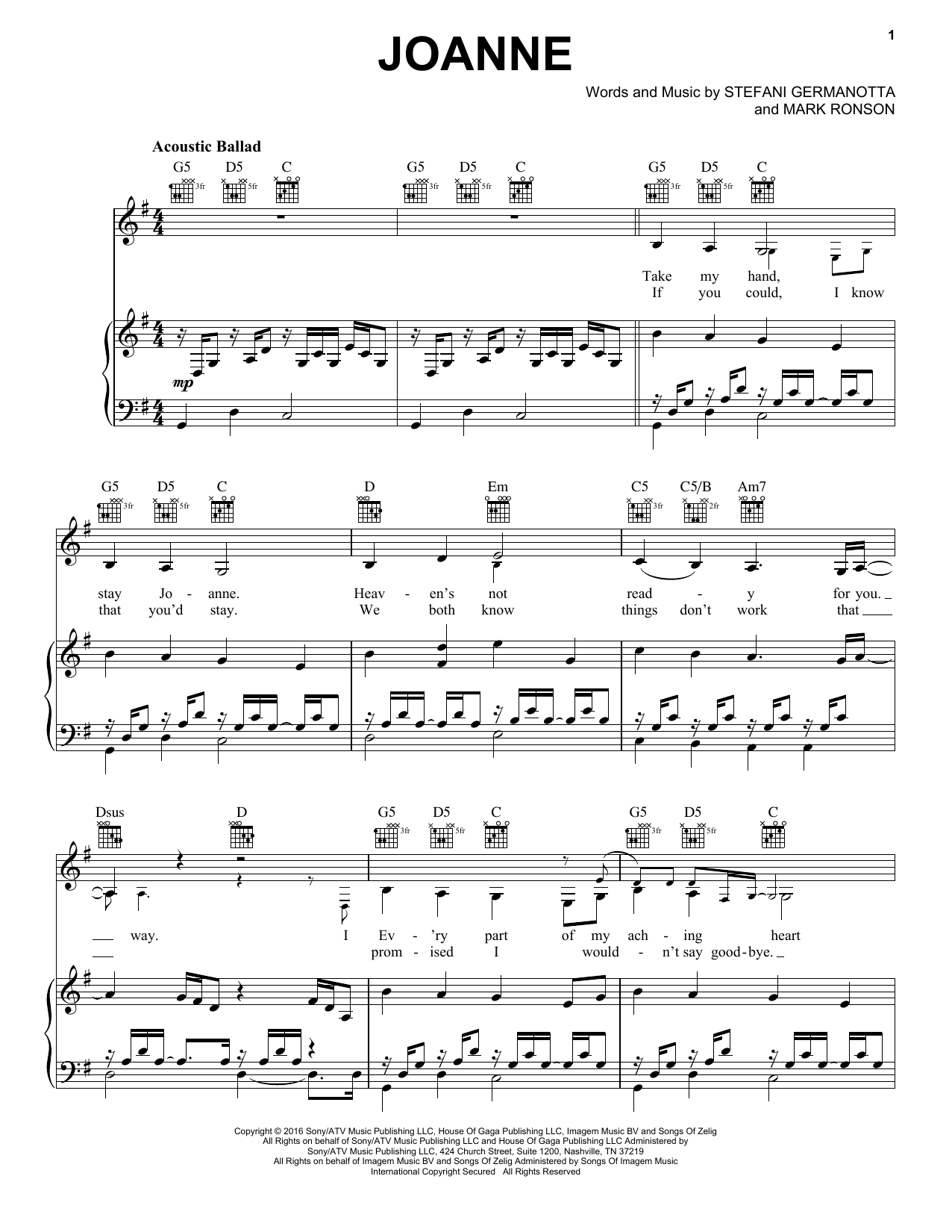 Lady Gaga Joanne sheet music notes and chords arranged for Piano, Vocal & Guitar Chords (Right-Hand Melody)