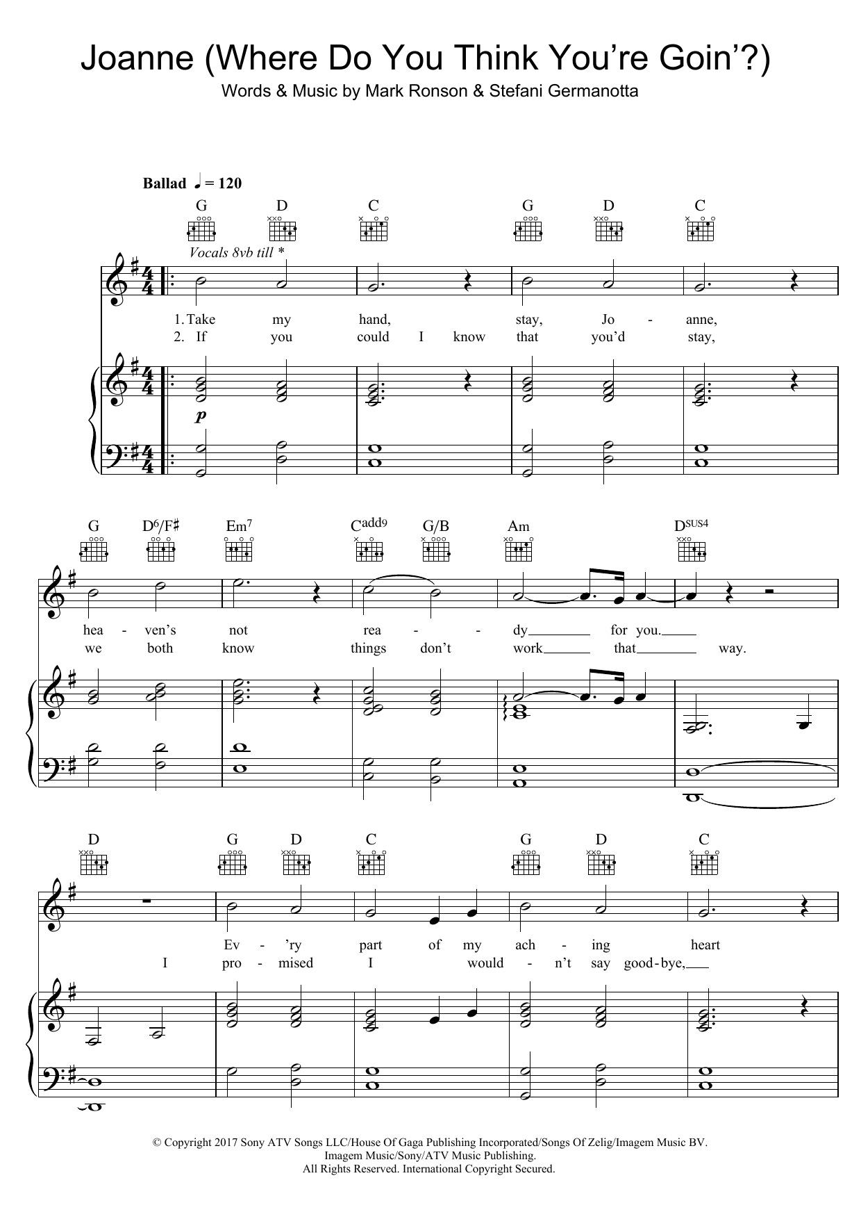 Lady Gaga Joanne (Where Do You Think You're Goin'?) (piano version) sheet music notes and chords arranged for Piano, Vocal & Guitar Chords