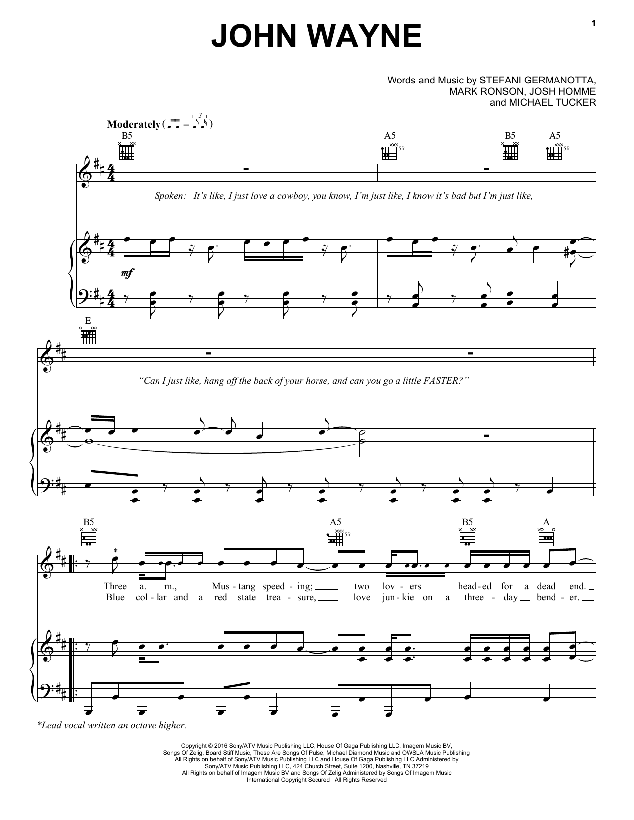 Lady Gaga John Wayne sheet music notes and chords arranged for Piano, Vocal & Guitar Chords (Right-Hand Melody)
