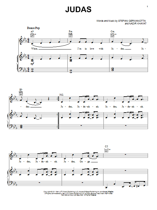 Lady Gaga Judas sheet music notes and chords arranged for Piano, Vocal & Guitar Chords (Right-Hand Melody)