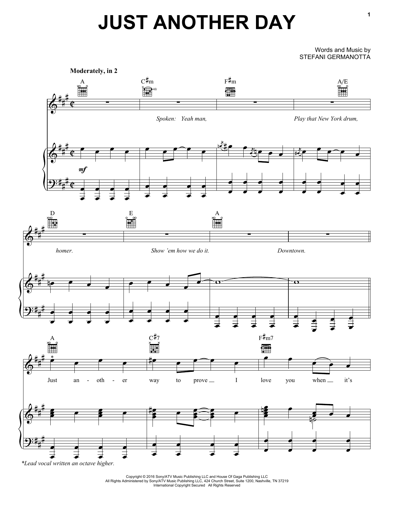 Lady Gaga Just Another Day sheet music notes and chords arranged for Piano, Vocal & Guitar Chords (Right-Hand Melody)