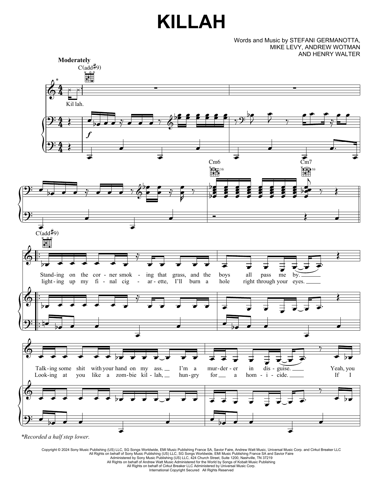Lady Gaga Killah (feat. Gesaffelstein) sheet music notes and chords arranged for Piano, Vocal & Guitar Chords (Right-Hand Melody)