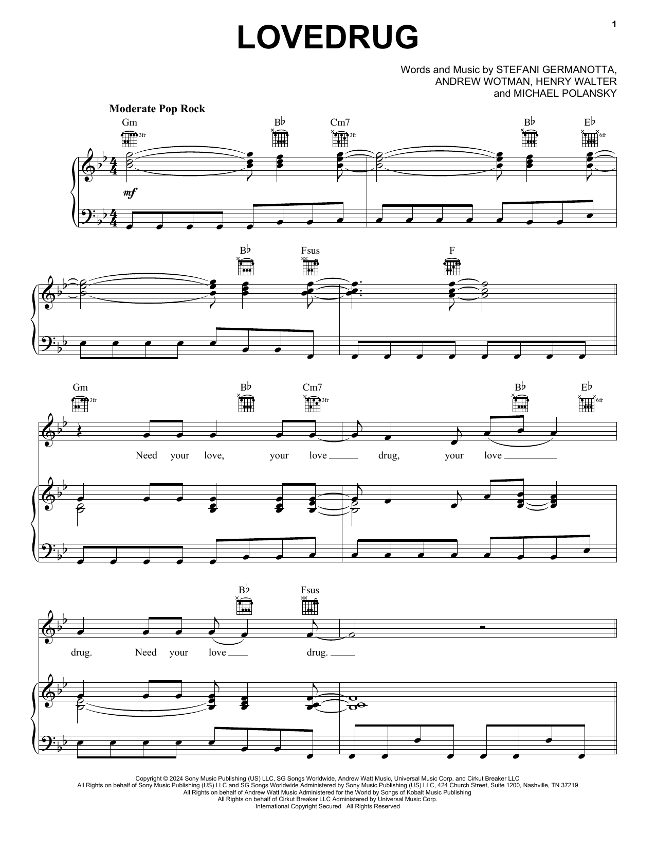 Lady Gaga LoveDrug sheet music notes and chords arranged for Piano, Vocal & Guitar Chords (Right-Hand Melody)