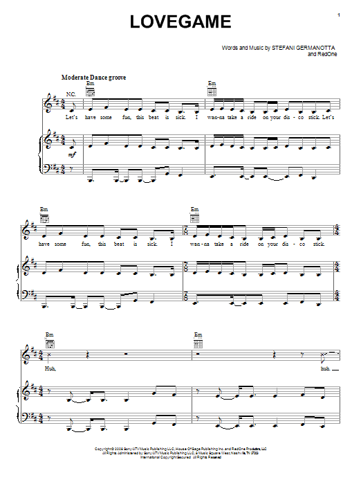 Lady Gaga Lovegame sheet music notes and chords arranged for Pro Vocal