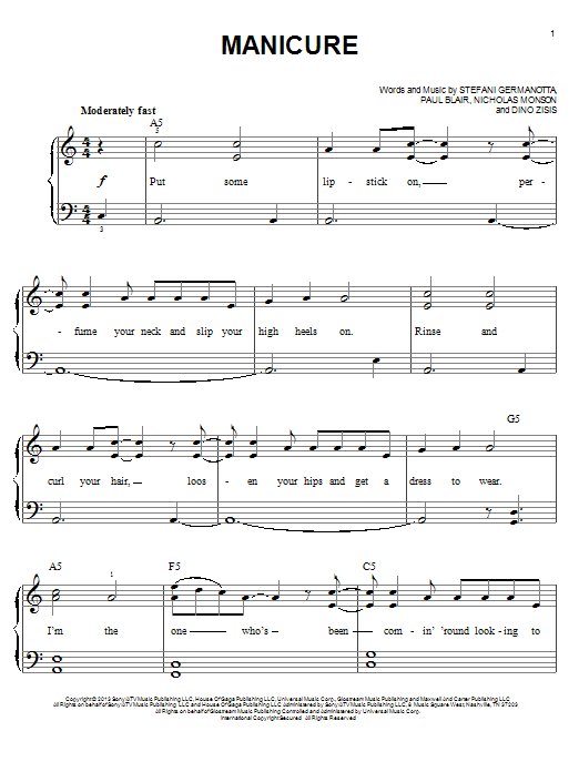 Lady Gaga Manicure sheet music notes and chords arranged for Easy Piano