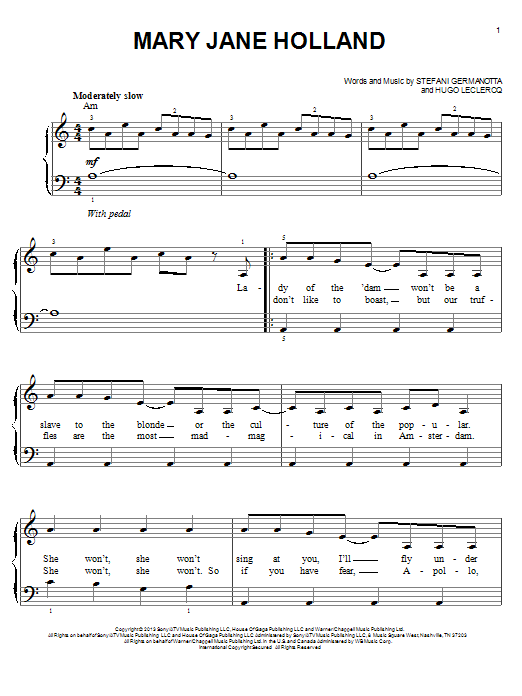 Lady Gaga Mary Jane Holland sheet music notes and chords arranged for Easy Piano