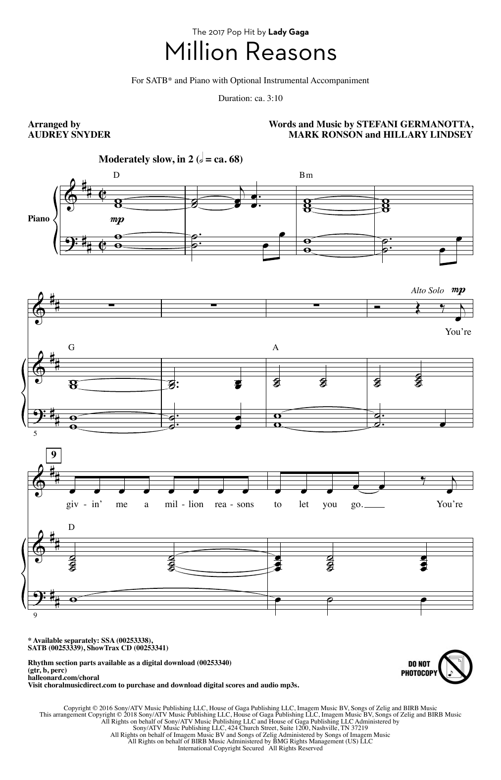 Lady Gaga Million Reasons (arr. Audrey Snyder) sheet music notes and chords arranged for SSA Choir
