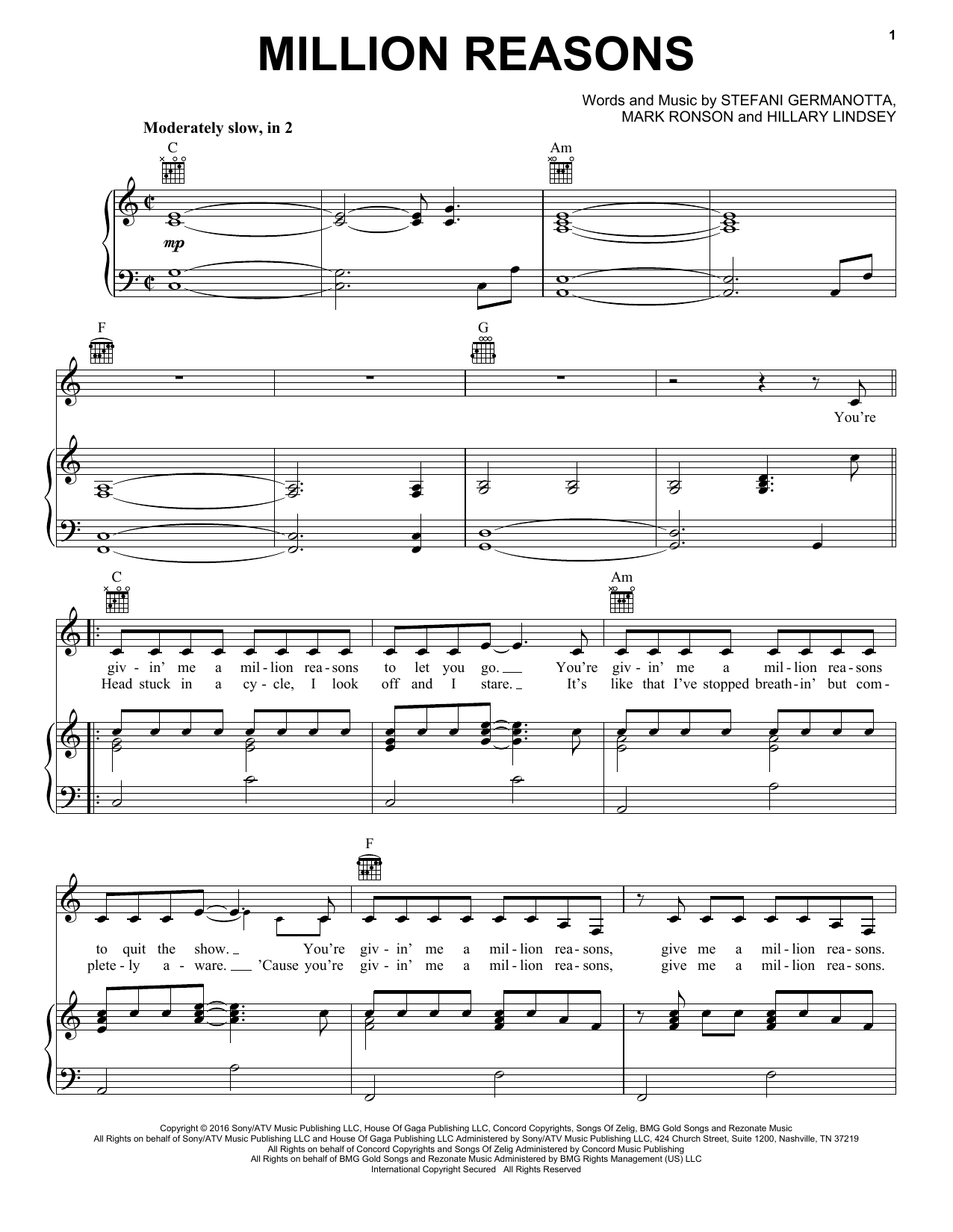 Lady Gaga Million Reasons sheet music notes and chords arranged for ChordBuddy