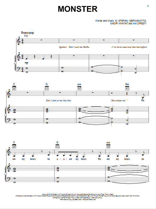 Lady Gaga Monster sheet music notes and chords arranged for Piano, Vocal & Guitar Chords (Right-Hand Melody)