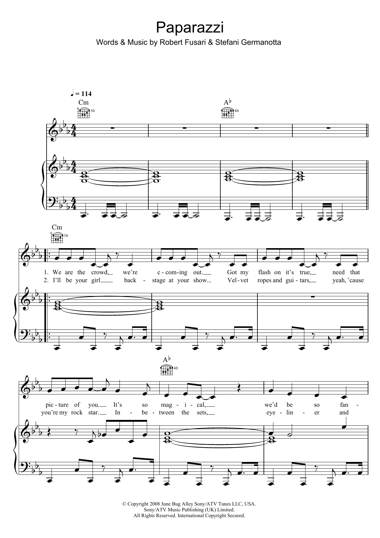 Lady Gaga Paparazzi sheet music notes and chords arranged for Piano, Vocal & Guitar Chords