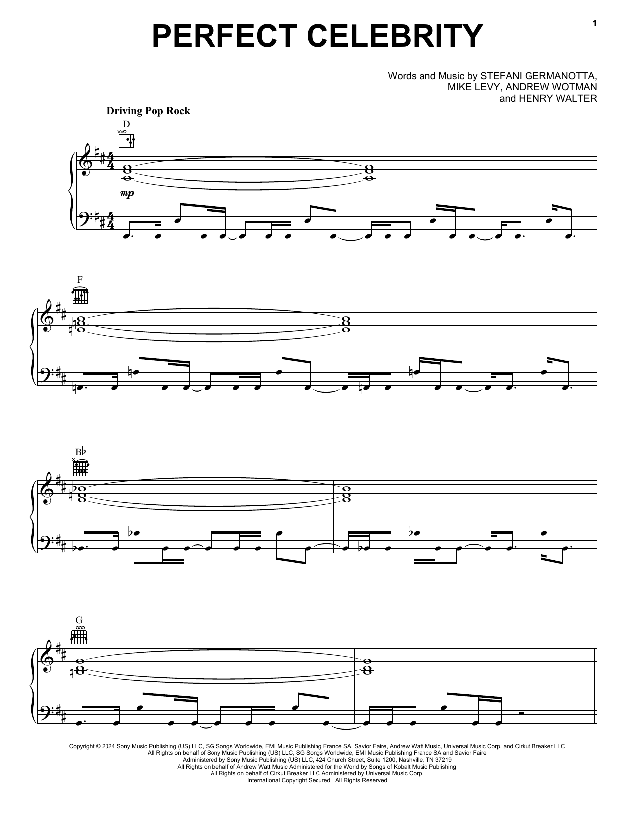 Lady Gaga Perfect Celebrity sheet music notes and chords arranged for Piano, Vocal & Guitar Chords (Right-Hand Melody)